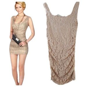 Beige Metallic Bronze Lace Floral Overlay Ruched Sleeveless Mini Body-con Dress
